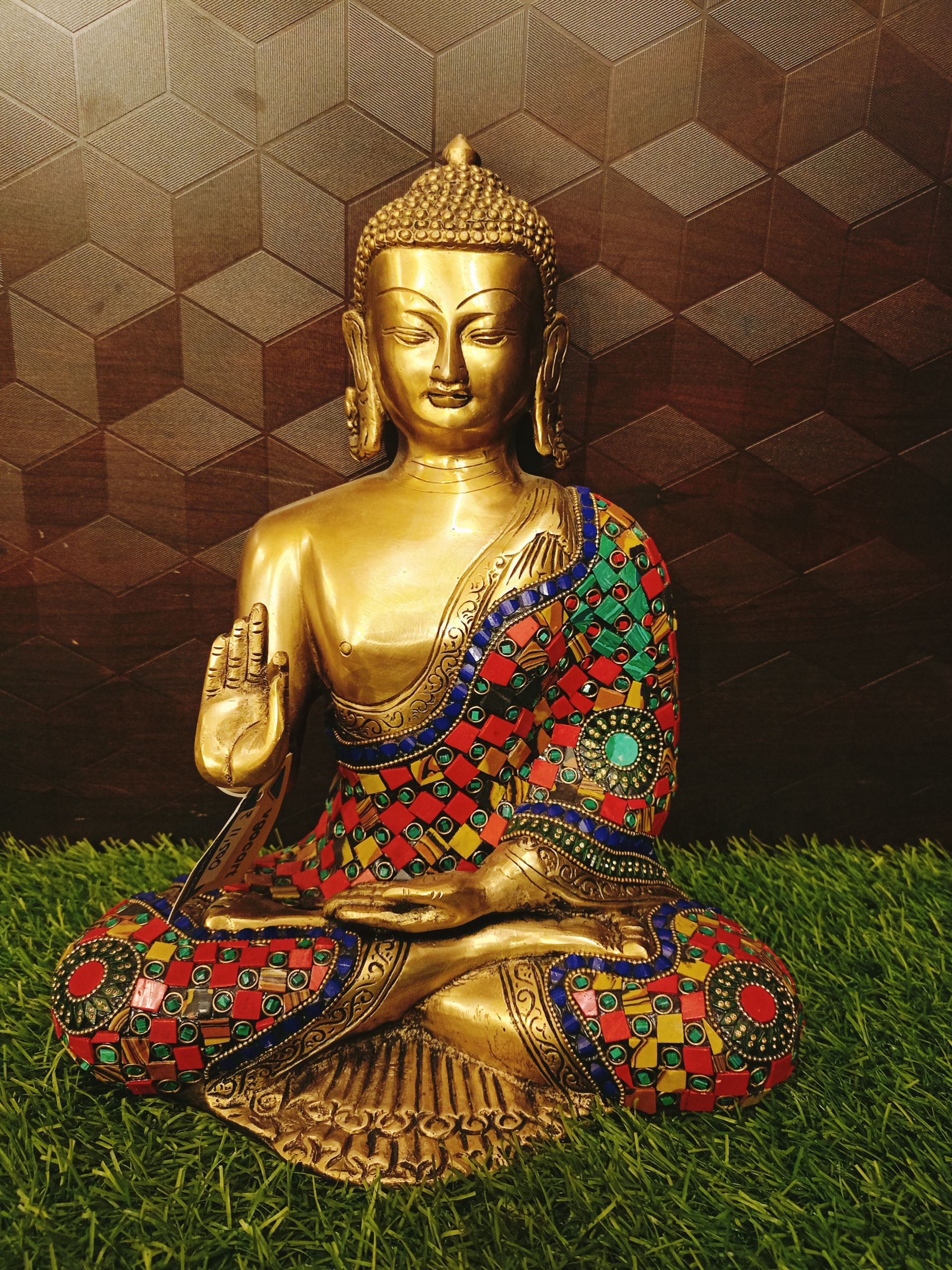 Brass Stone Buddha Statue , Pure & Antique 12″