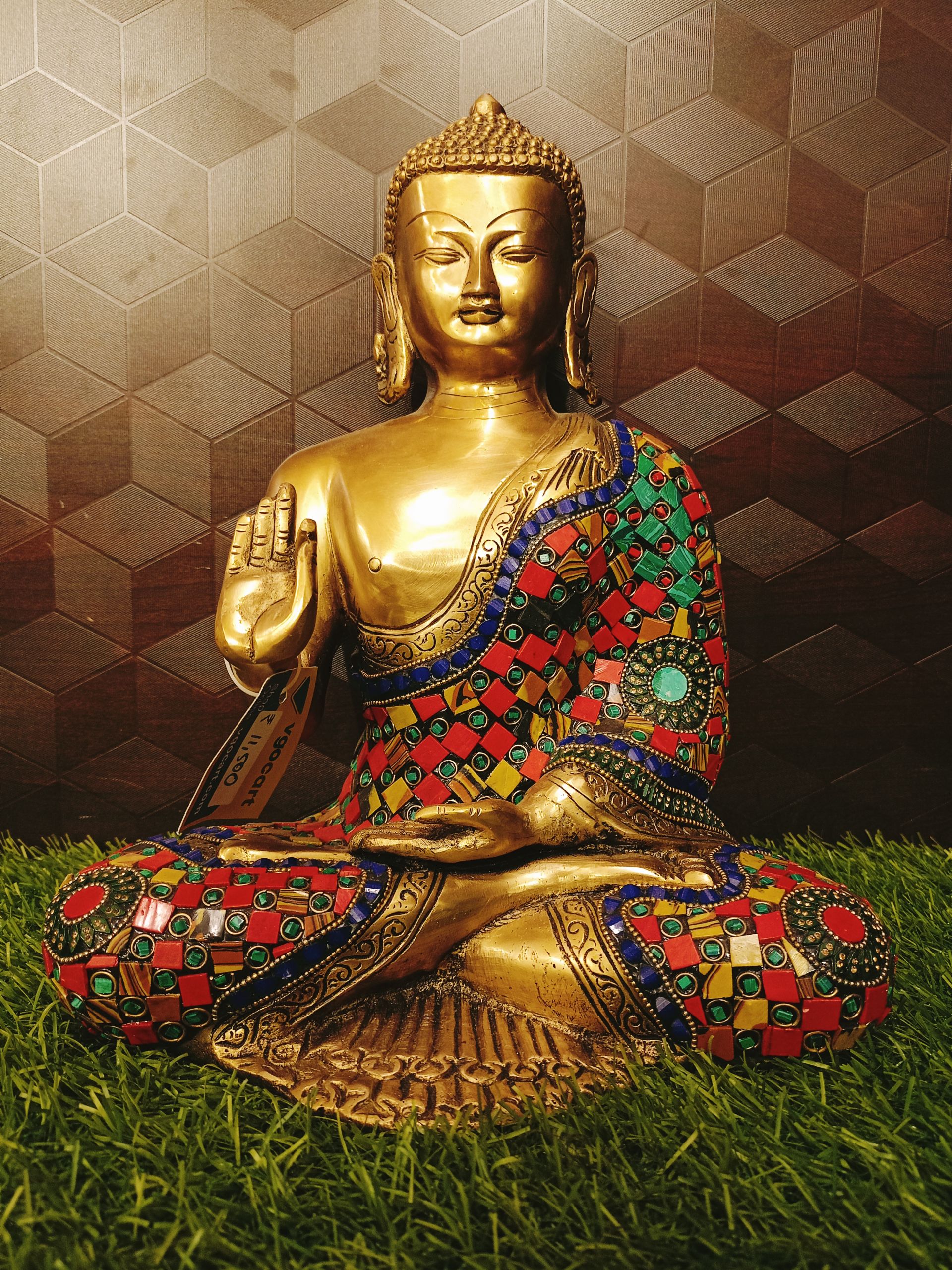 Brass Stone Buddha Statue , Pure & Antique 12″