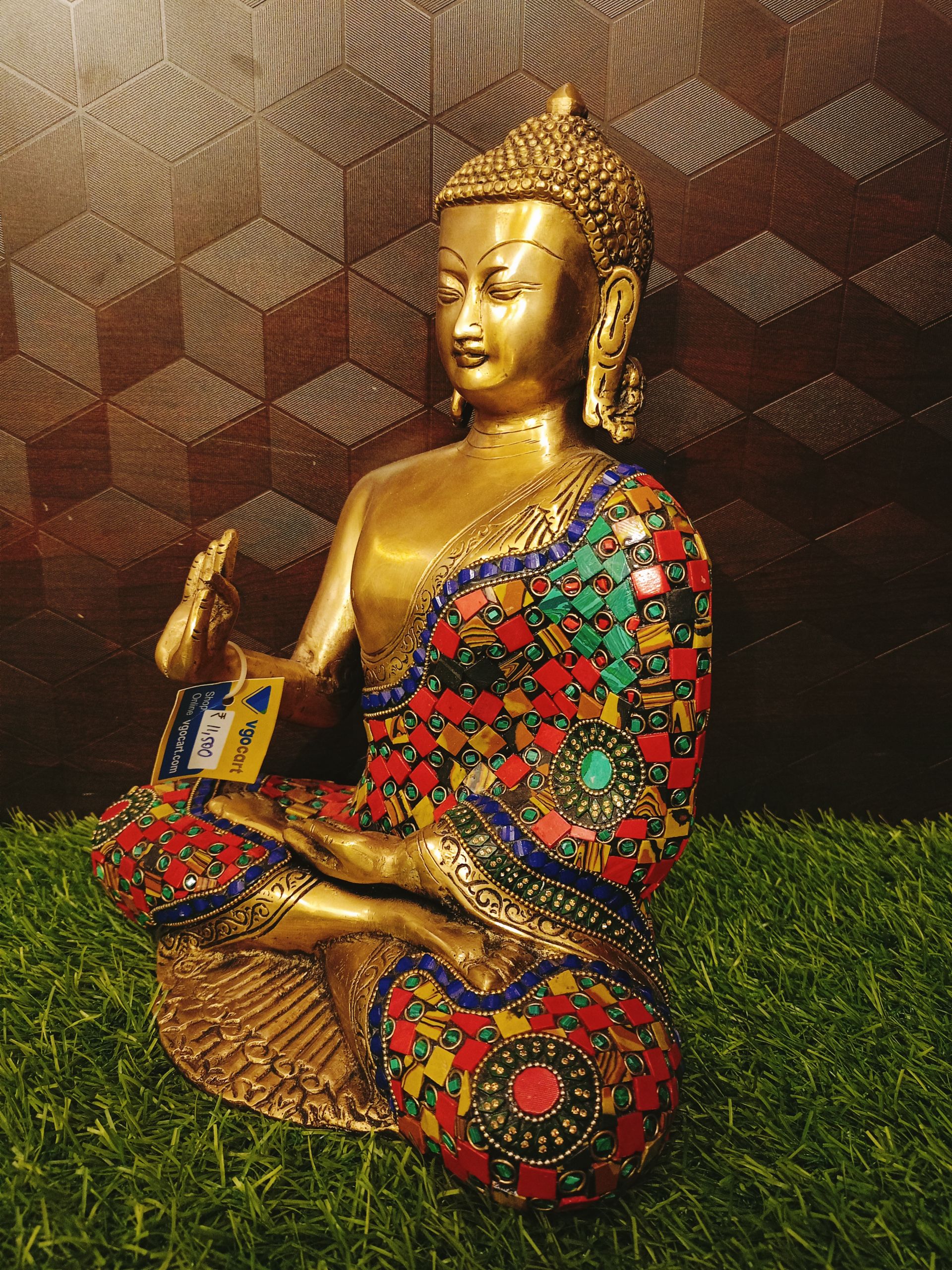 Brass Stone Buddha Statue , Pure & Antique 12″