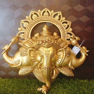 Brass Three Face Big Ganesha Wall Hanging Statue , Pure & Antique