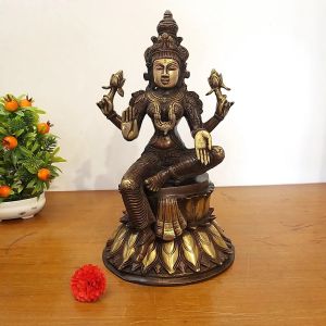 Brass Lakshmi Sitting on Lotus Statue With Brown Antique finish 15″