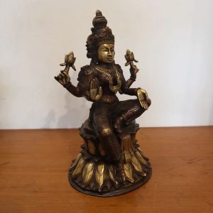 Brass Lakshmi Sitting on Lotus Statue With Brown Antique finish 15″