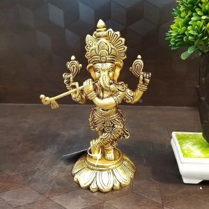 Brass Dancing Ganesha with flute idol- 7.5″