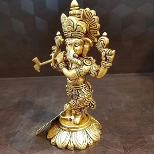 Brass Dancing Ganesha with flute idol- 7.5″