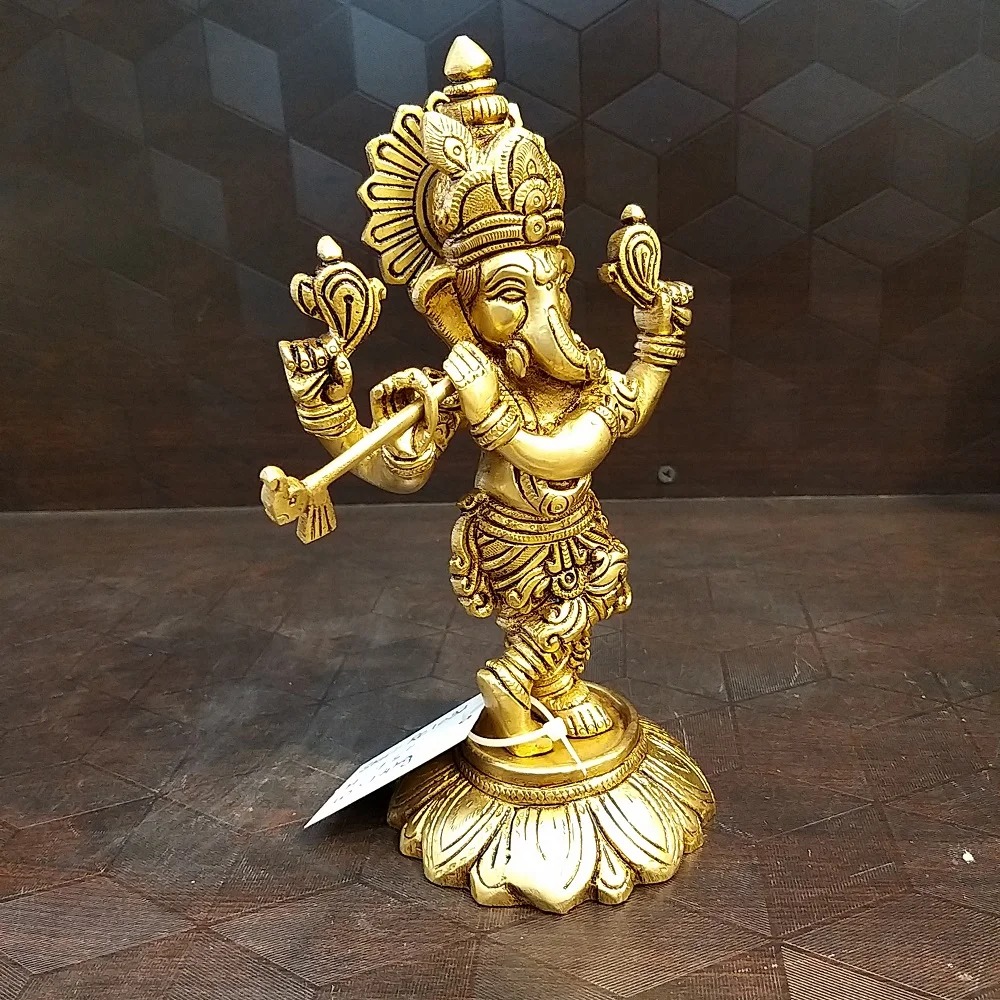 Brass Dancing Ganesha with flute idol- 7.5″