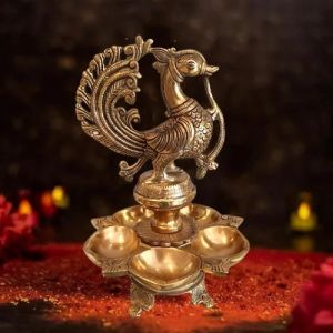 Brass Peacock Five Face Diya Idol , Pure & Antique 11″