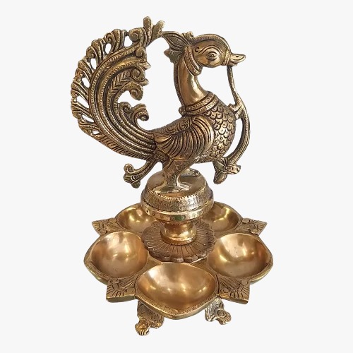 Brass Peacock Five Face Diya Idol , Pure & Antique 11″