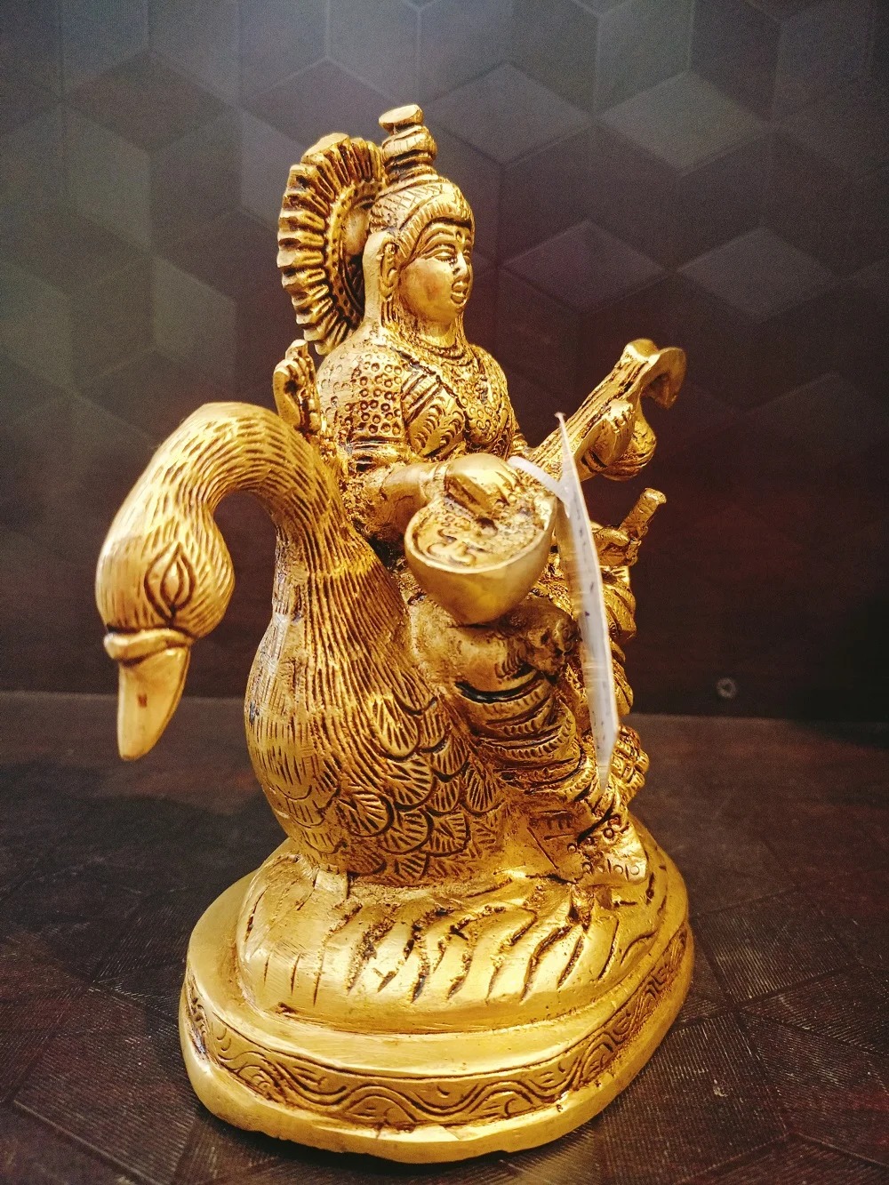 Brass Goddess Maa Saraswathi Sitting On Annam Statue 7” Inches