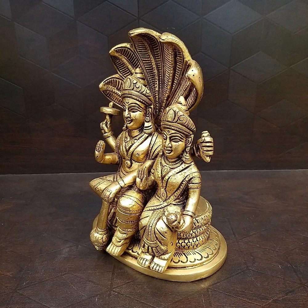 Brass Lord Vishnu and Lakshmi on Snake or Sheshnag Idol- 6.5″