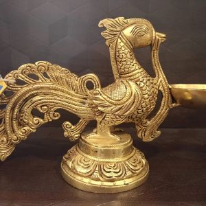 Brass Peacock Holding Diya , Pure & Antique