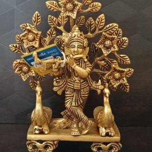 Brass Krishna With Tree ,And Peacock 8″