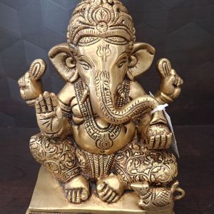 Brass Big Base Ganesha Statue , Pure & Antique 7.5″