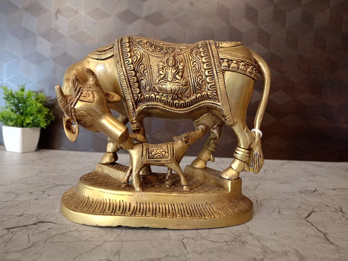 Buy Brass Cow & Calf With Lakshmi Ganesha Idol 6.5″