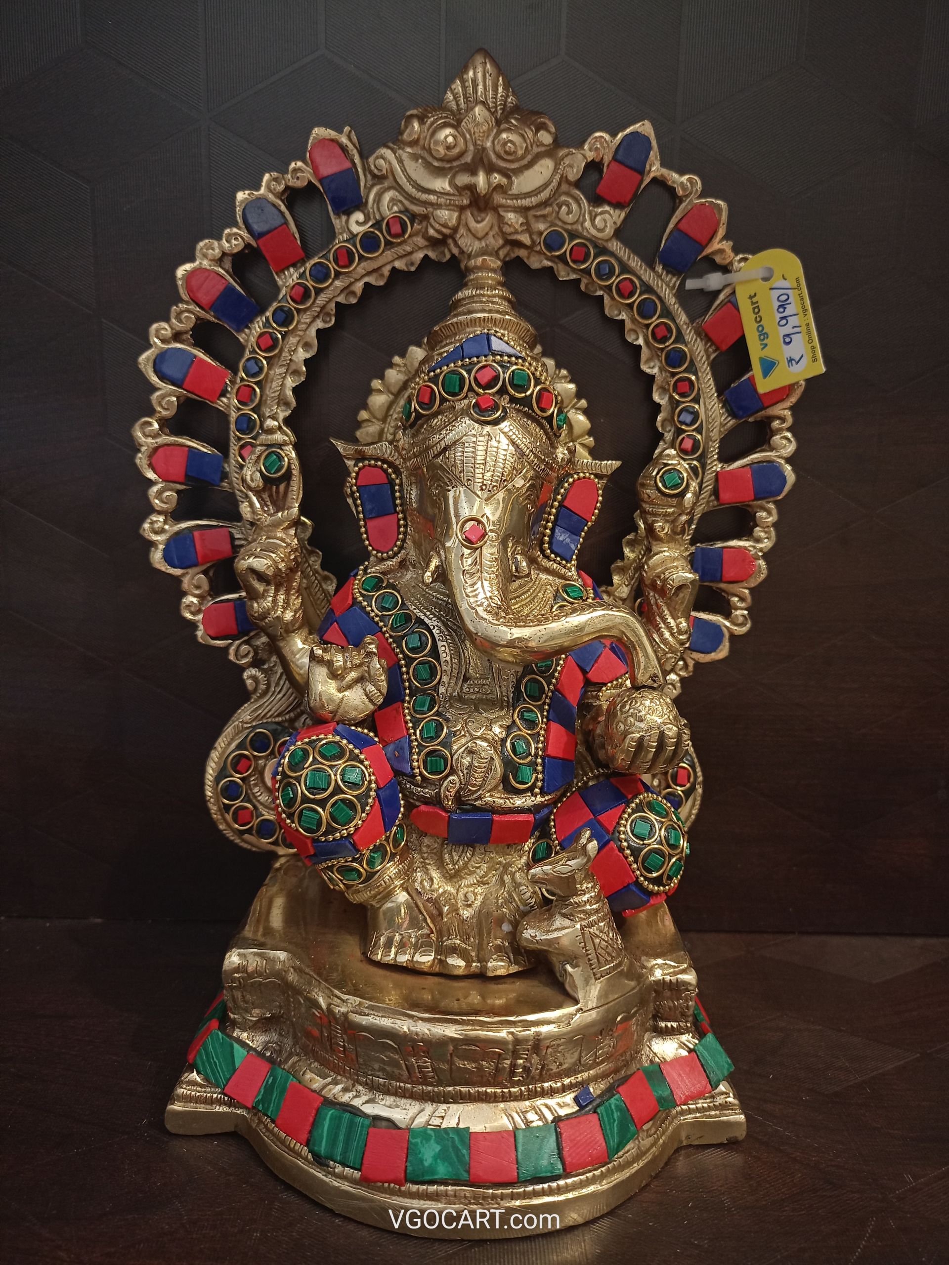 Brass Arch Stone Ganesha , Blue & Red Color For Gift, Pooja