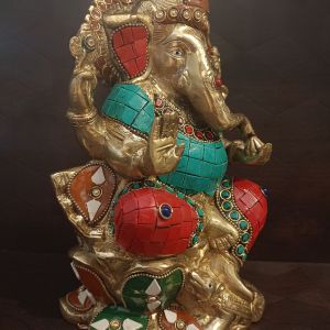 Brass  Ganesha Lotus Base Colored Stone Statue 9.5″