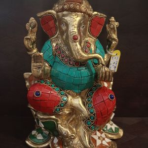 Brass  Ganesha Lotus Base Colored Stone Statue 9.5″