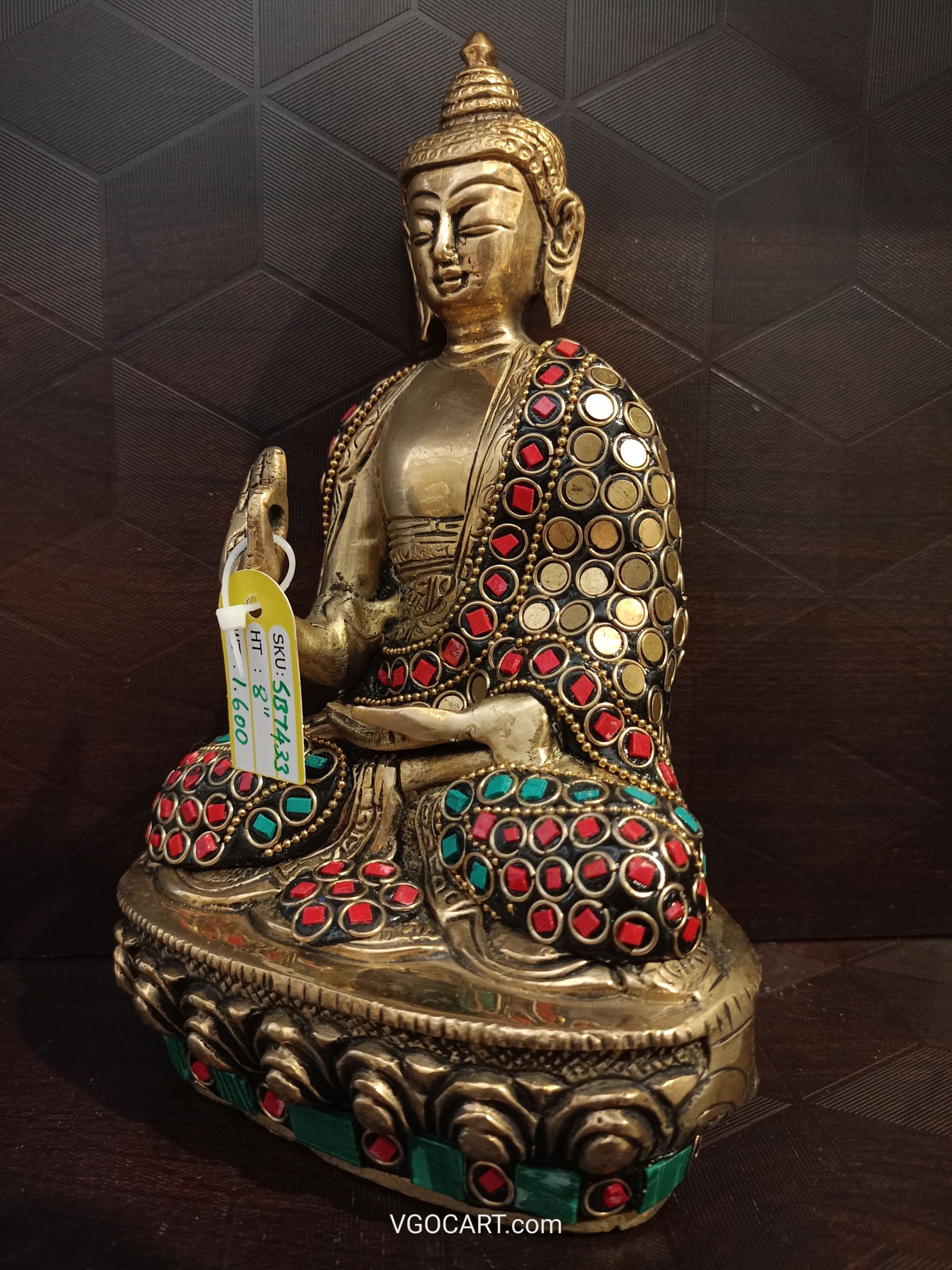 Brass Stone Buddha Idol For Homedecor 8″ Red And Golden Color