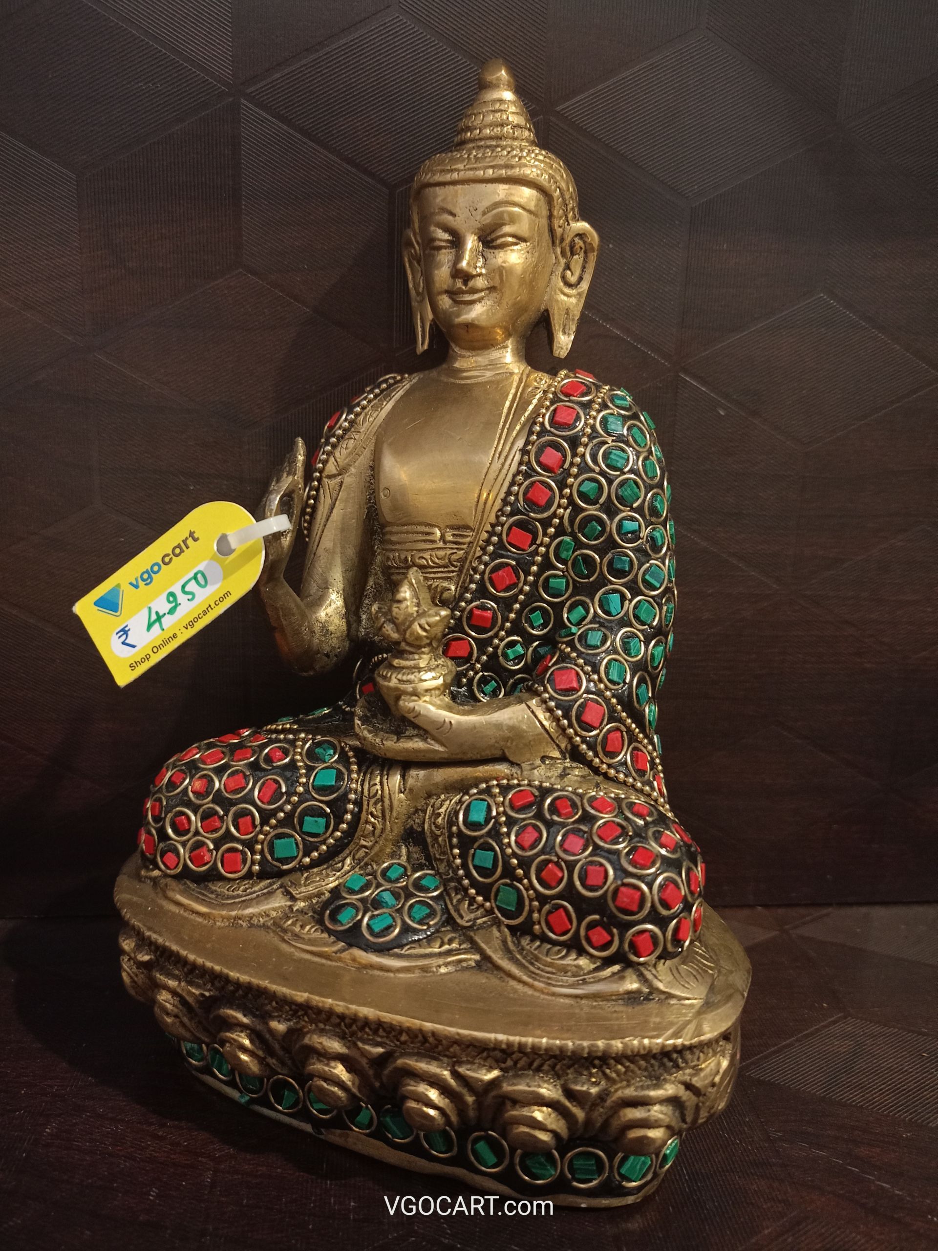 Brass Stone Work Buddha Statue , Red & Green Color 8″