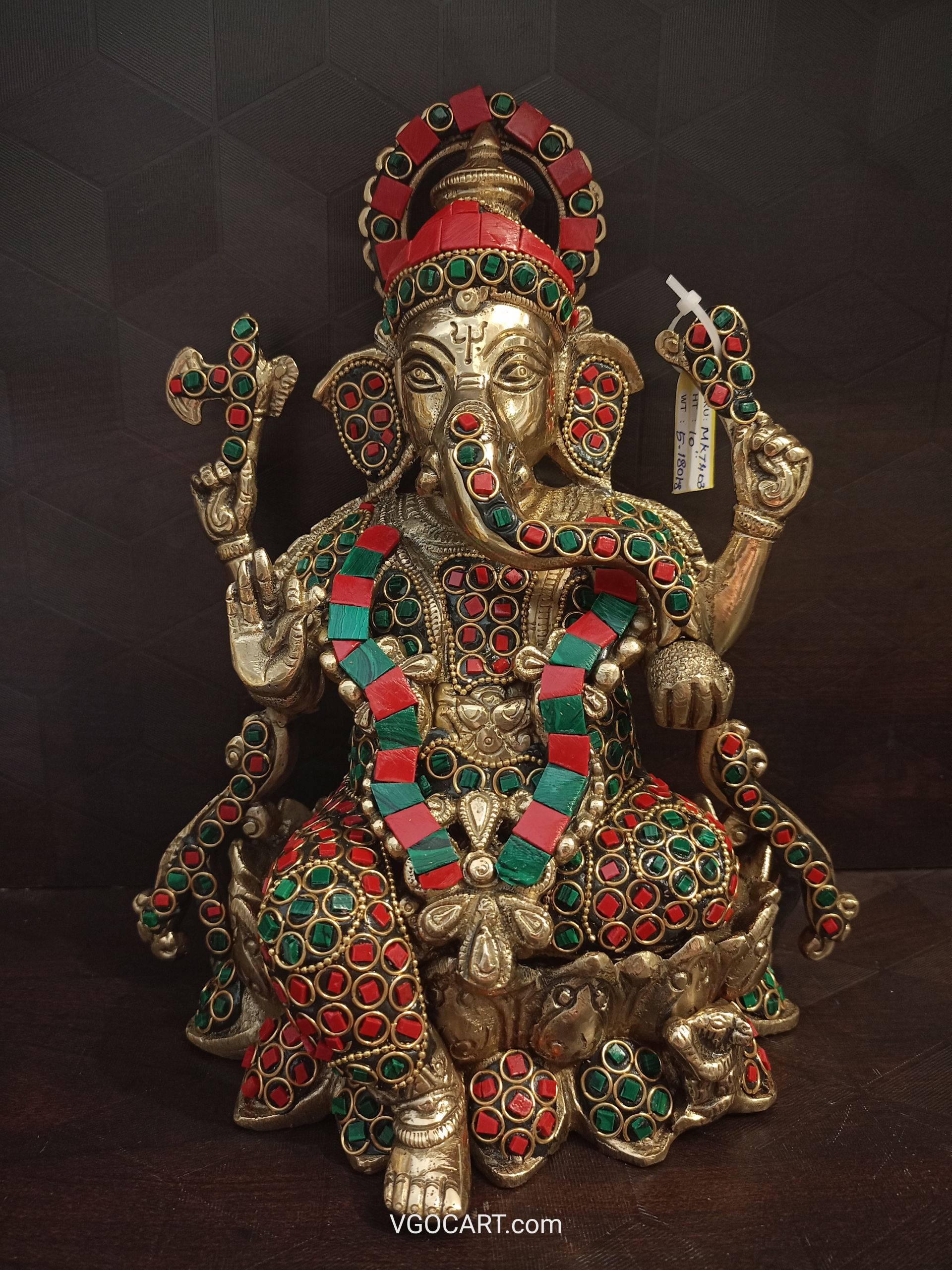 Brass Stone Ganesha Statue 10″ , Antique Finish