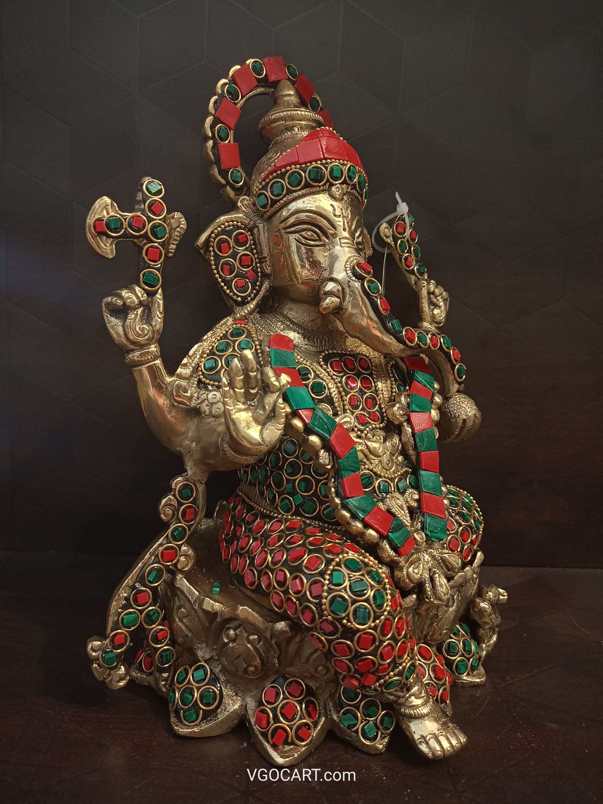 Brass Stone Ganesha Statue 10″ , Antique Finish