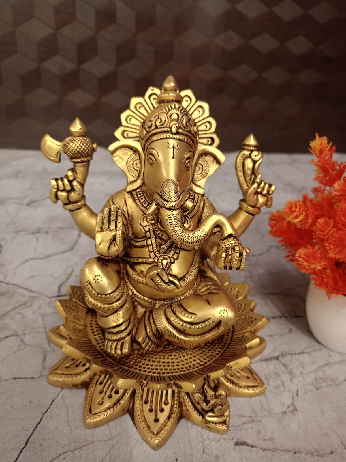 Buy Brass Ganesha Sitting On Lotus Base Idol 7" - Image 1
