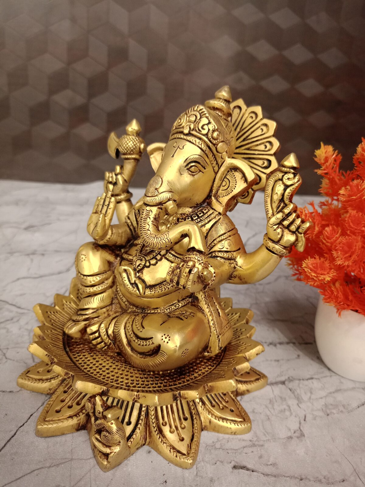 Buy Brass Ganesha Sitting On Lotus Base Idol 7" - Image 3