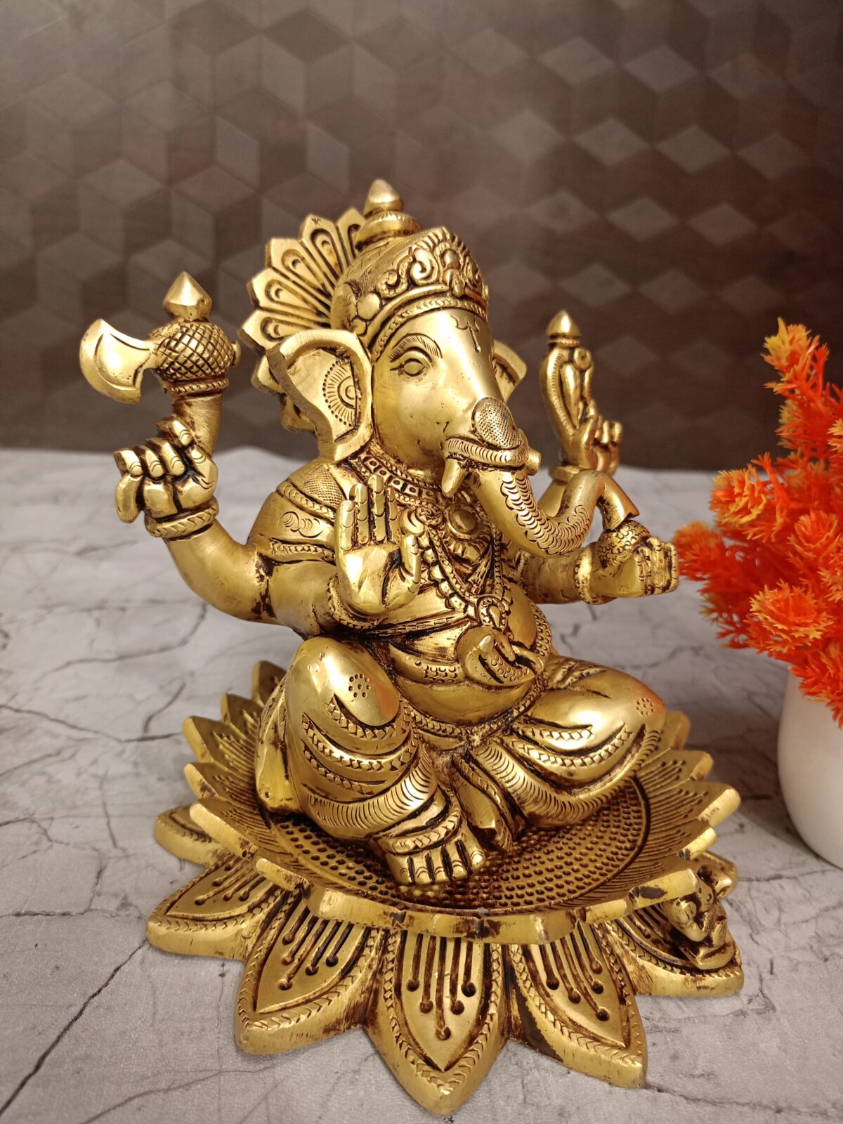 Buy Brass Ganesha Sitting On Lotus Base Idol 7" - Image 2