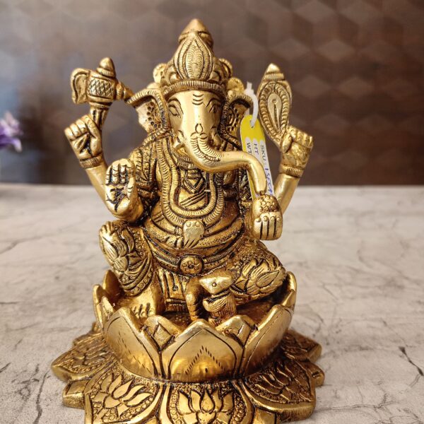 Brass Ganesha Statue Sitting On Lotus Base 5.5"
