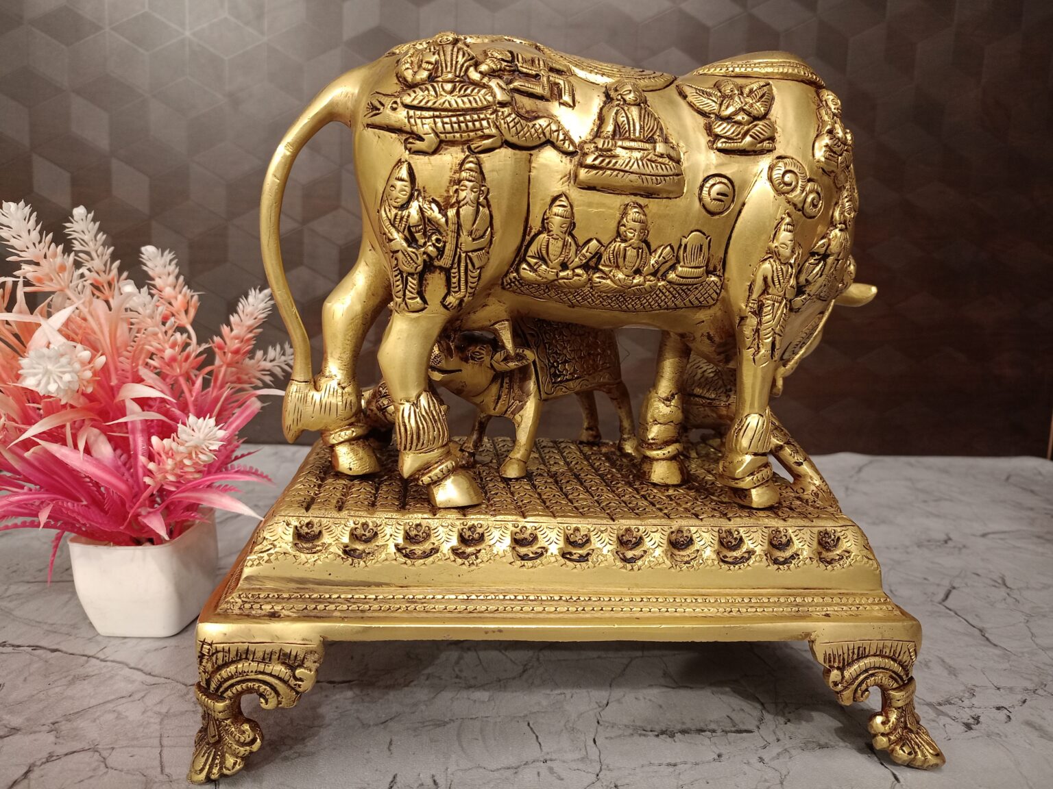 Buy Brass Big Cow And Calf All Gods With Krishna and Peacock 9.5″