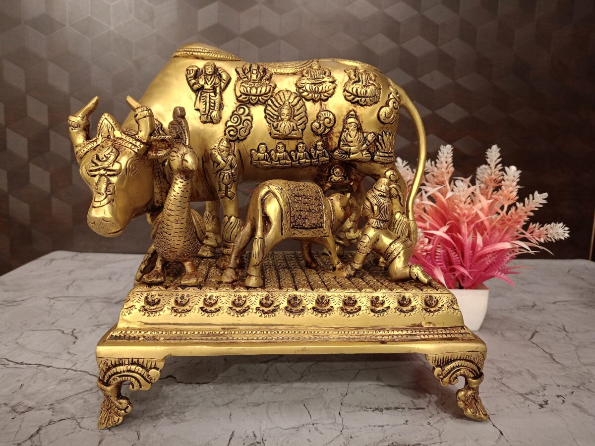 Buy Brass Big Cow And Calf All Gods With Krishna and Peacock 9.5″