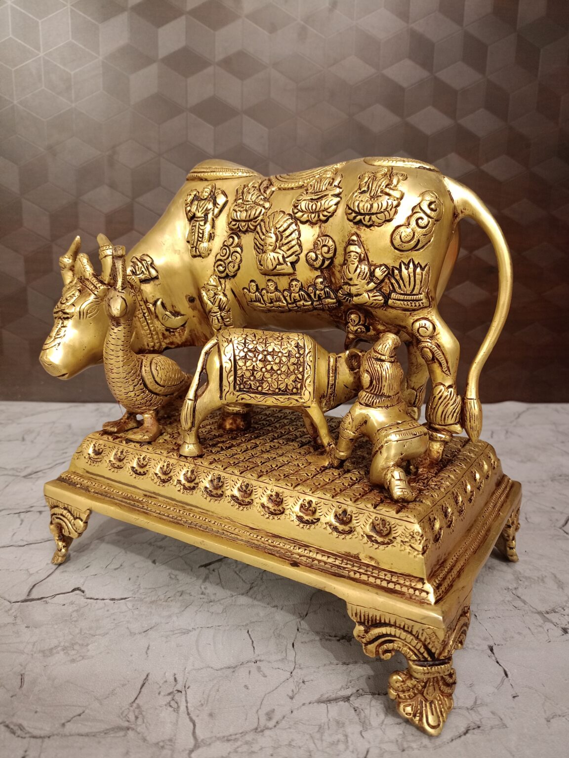 Buy Brass Big Cow And Calf All Gods With Krishna and Peacock 9.5″