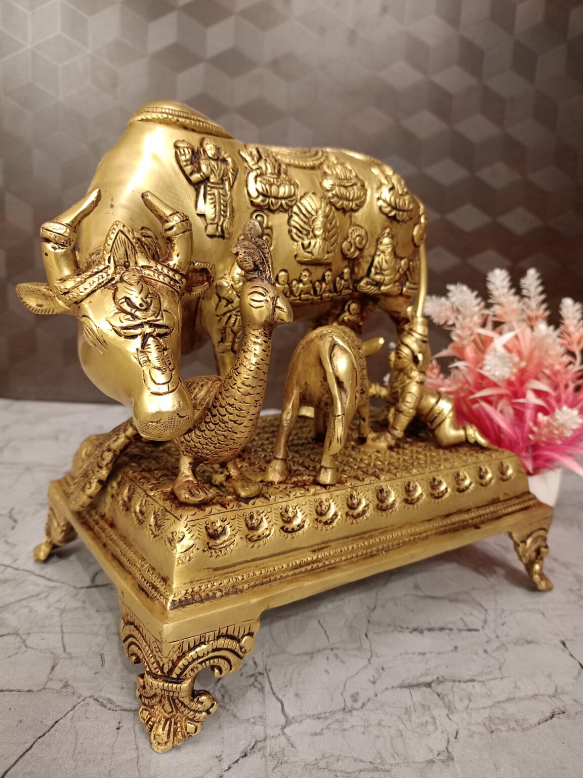 Buy Brass Big Cow And Calf All Gods With Krishna and Peacock 9.5″