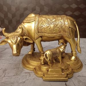 Brass Big Cow And Calf Statue For Pooja , Gift 7″