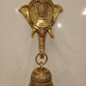 Buy Brass Elephant Face Hanging with Bell , Superfine, Golden Antique Finish & Handicraft Idol 10″