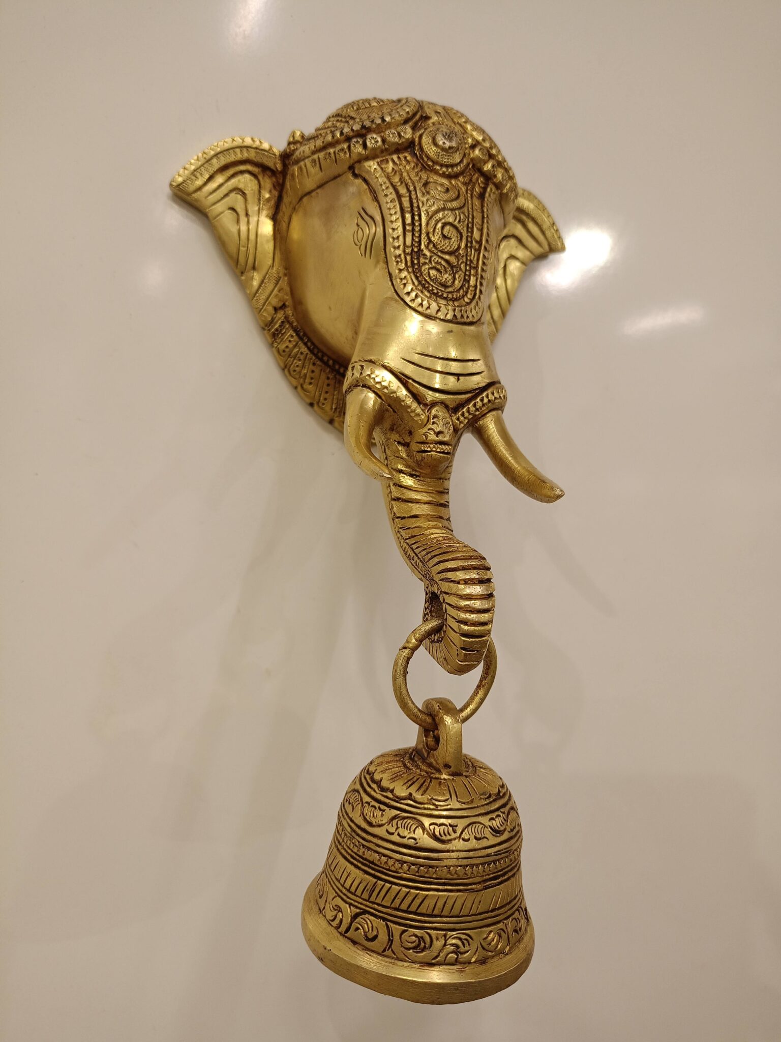 Buy Brass Elephant Face Hanging with Bell , Superfine, Golden Antique Finish & Handicraft Idol 10″