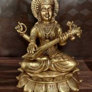 Brass Saraswathi Sitting On Lotus Base, Superfine Brass And Antique Finish 14″