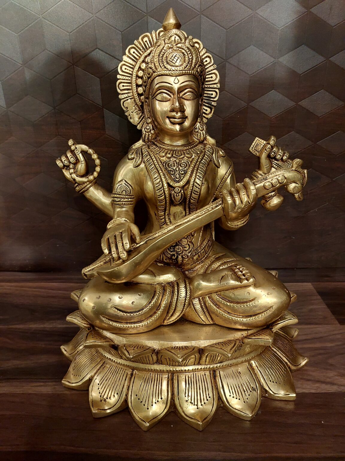 Brass Saraswathi Sitting On Lotus Base, Superfine Brass And Antique Finish 14″