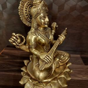 Brass Saraswathi Sitting On Lotus Base, Superfine Brass And Antique Finish 14″