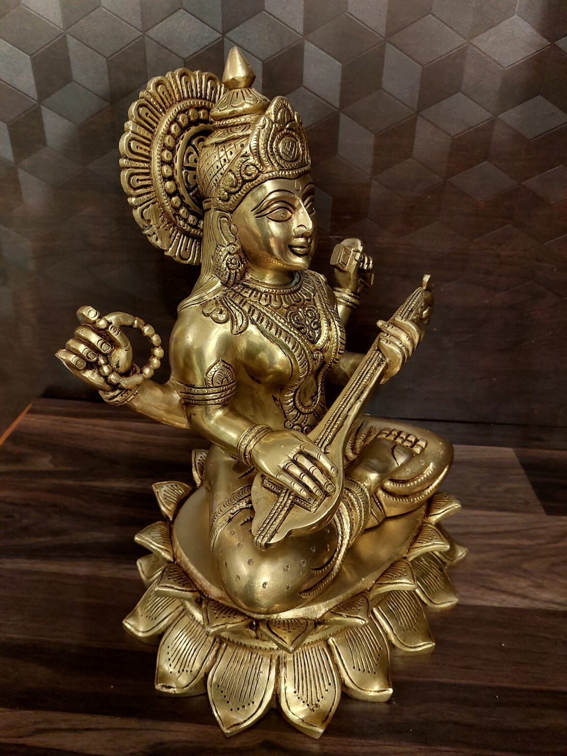 Brass Saraswathi Sitting On Lotus Base, Superfine Brass And Antique Finish 14″