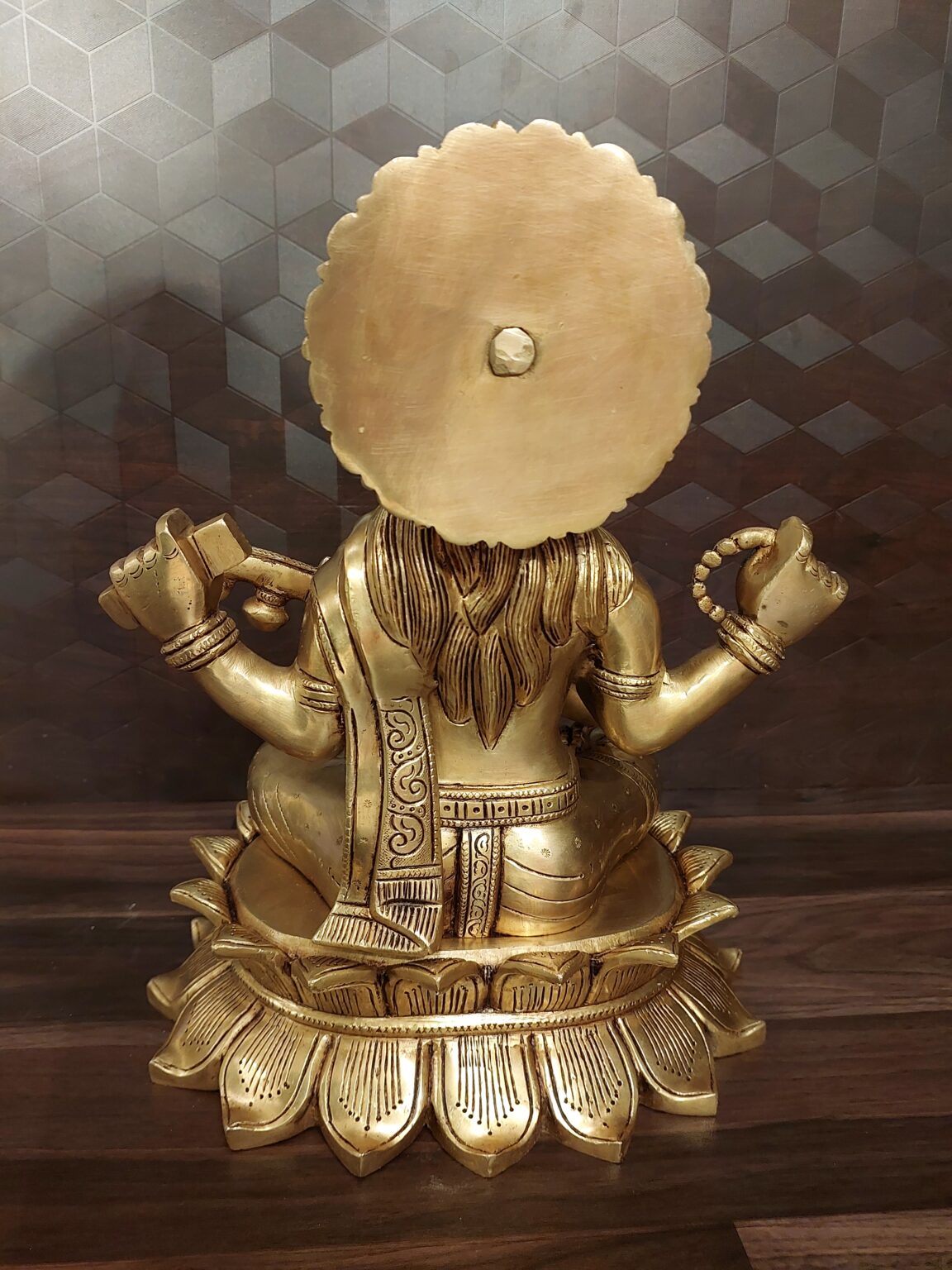 Brass Saraswathi Sitting On Lotus Base, Superfine Brass And Antique Finish 14″