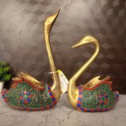 Brass Stone Swan Pair Idols 12.5″