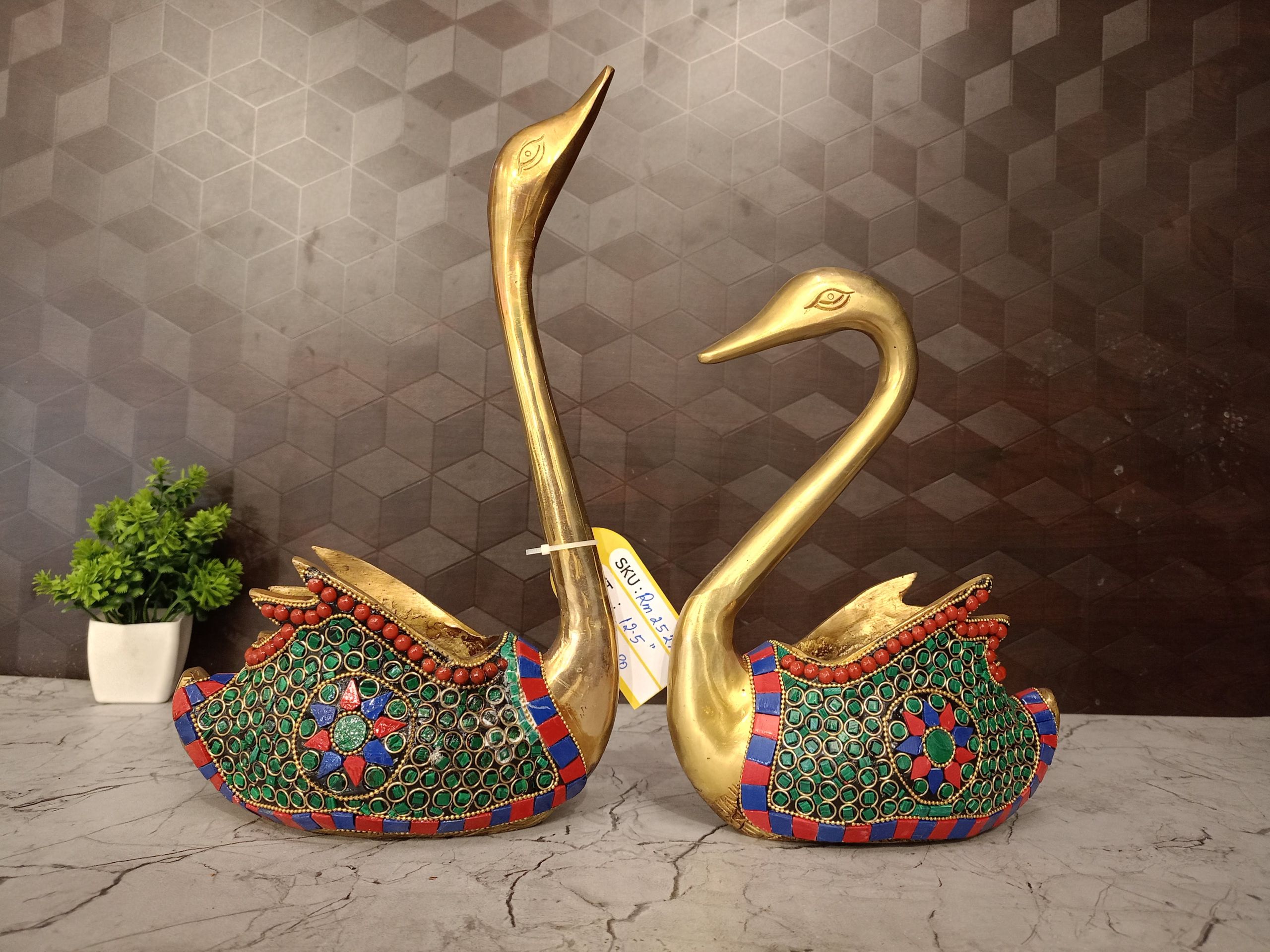 Brass Stone Swan Pair Idols 12.5″