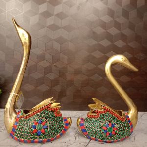 Brass Stone Swan Pair Idols 12.5″