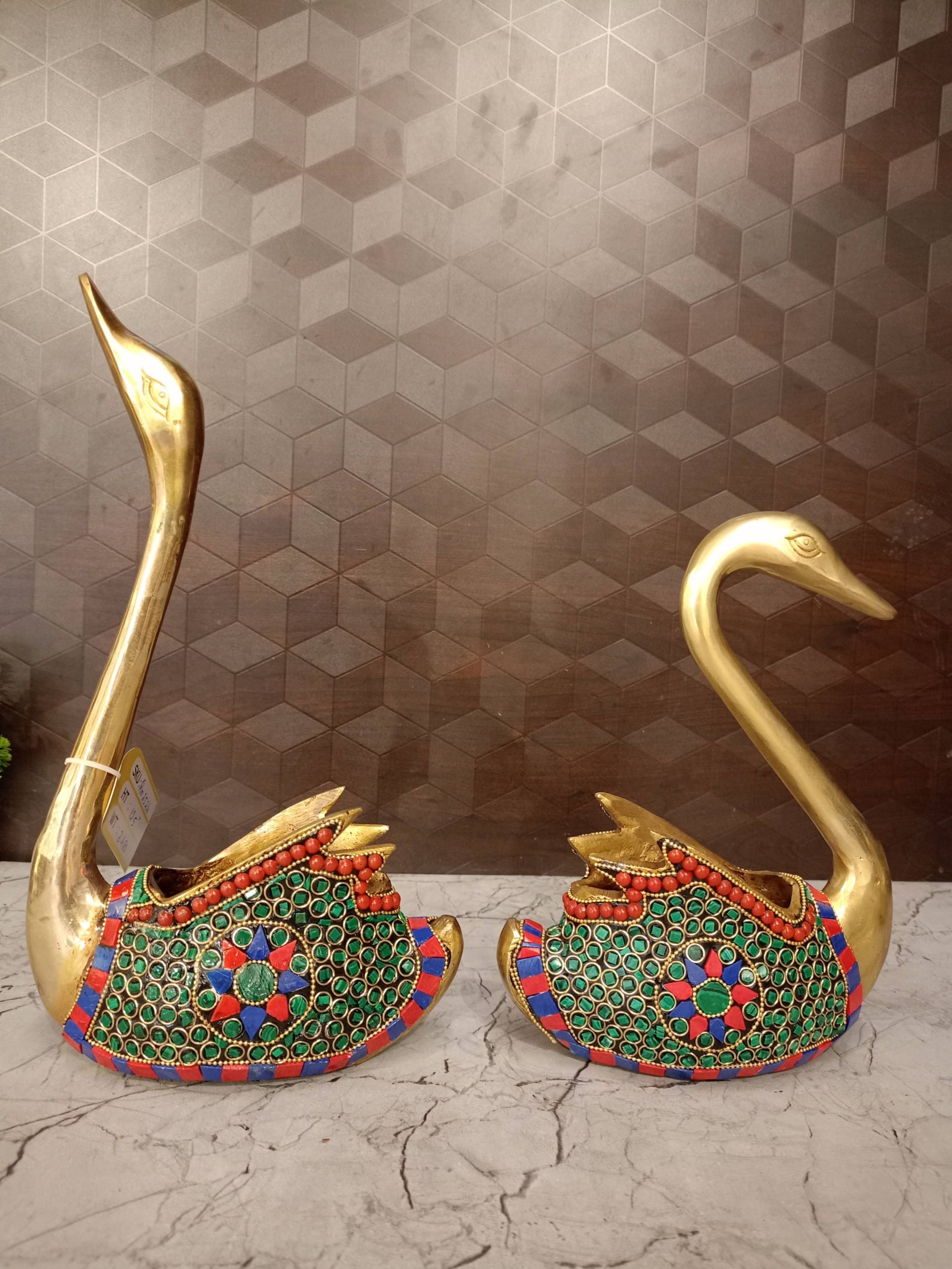 Brass Stone Swan Pair Idols 12.5″