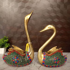 Brass Stone Swan Pair Idols 12.5″