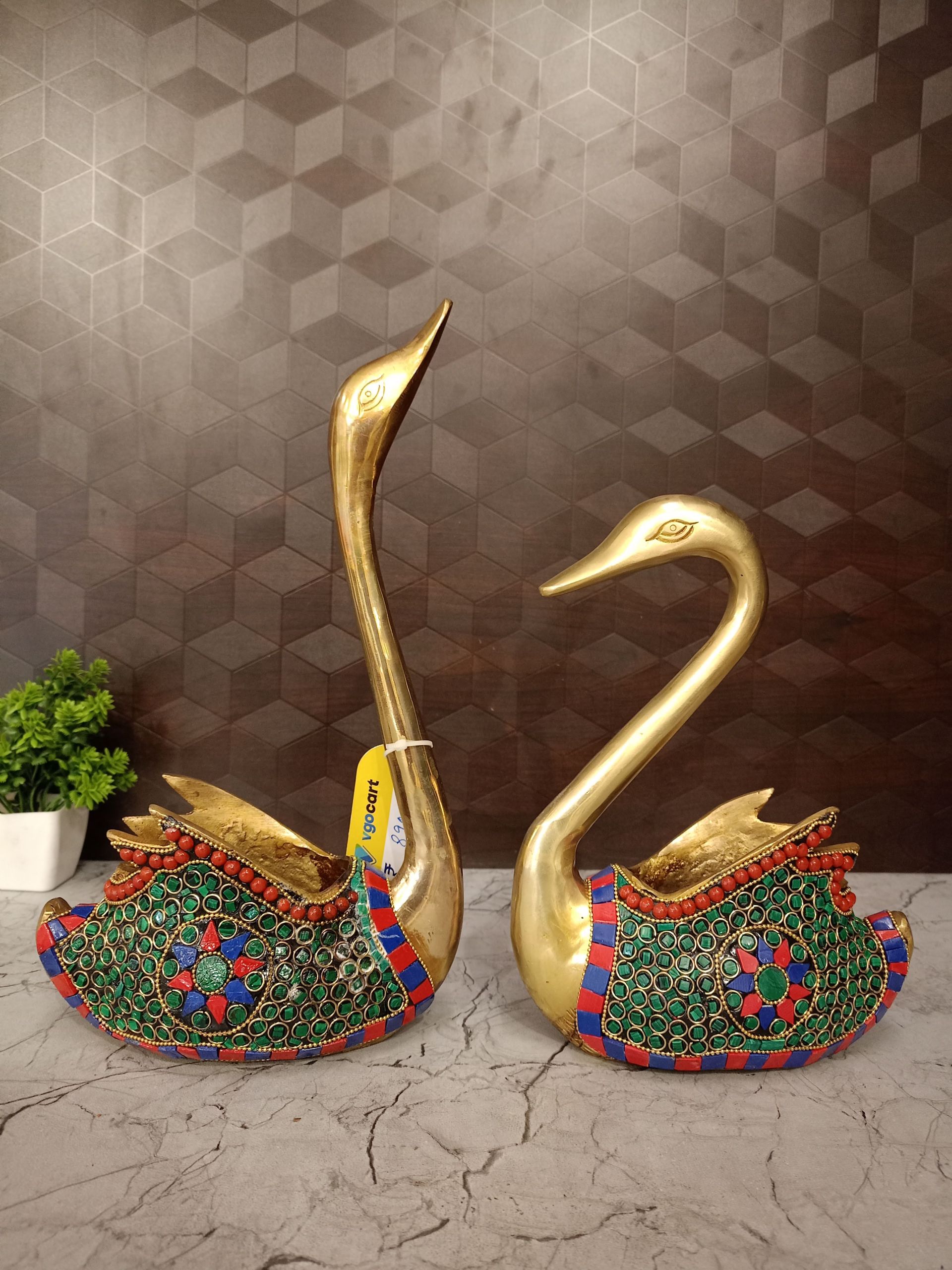 Brass Stone Swan Pair Idols 12.5″