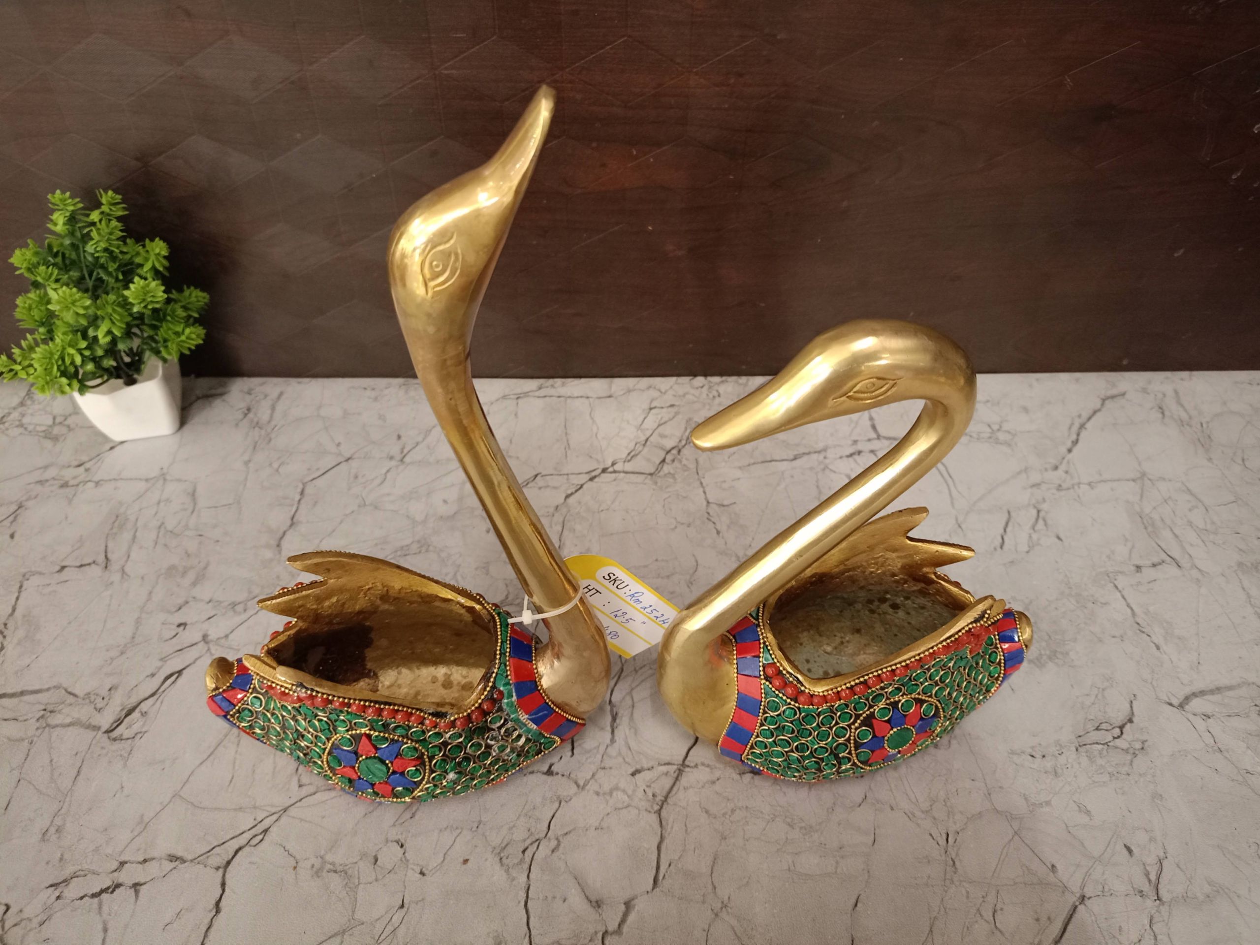 Brass Stone Swan Pair Idols 12.5″