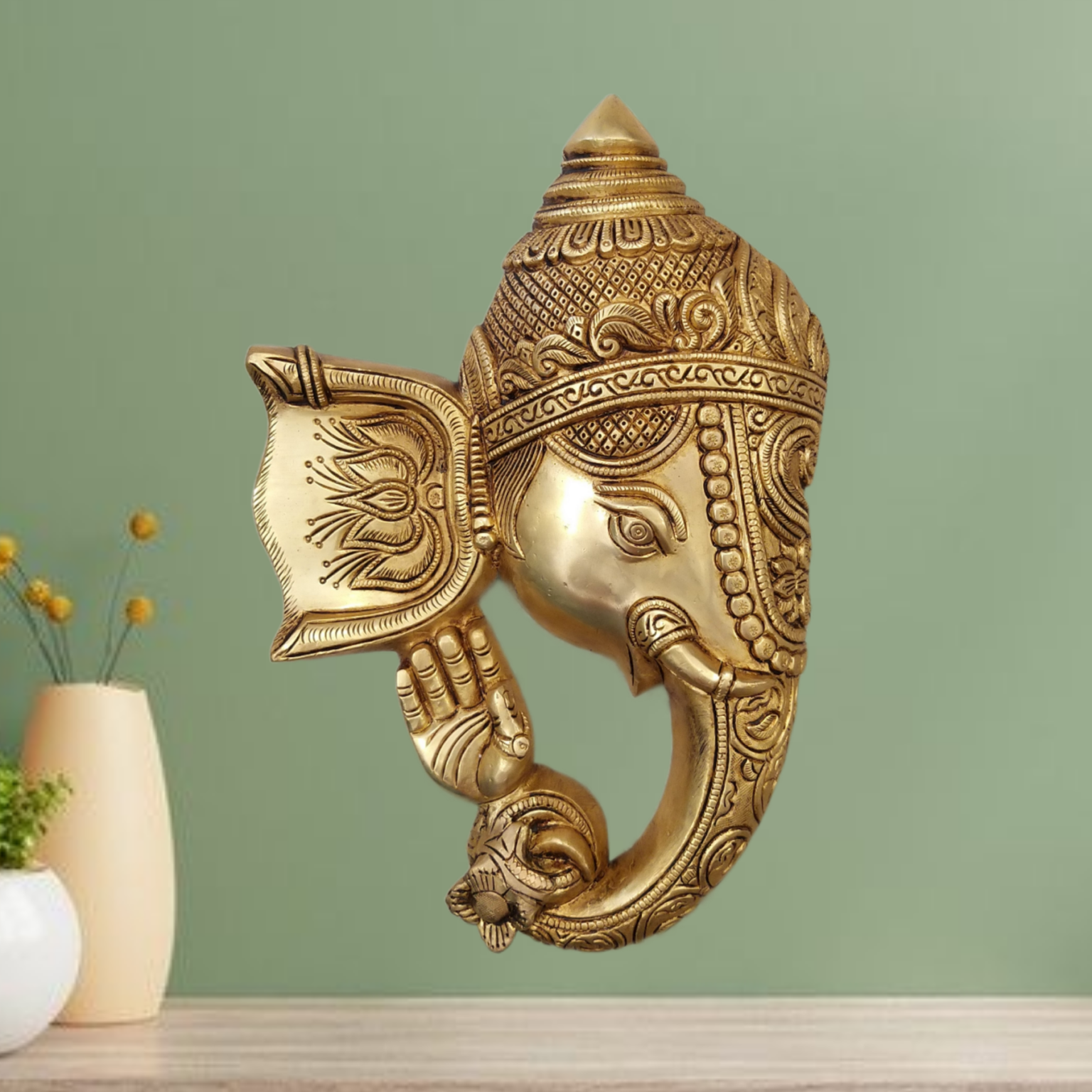 Brass Ganesha Right Face Wall Hanging 11″