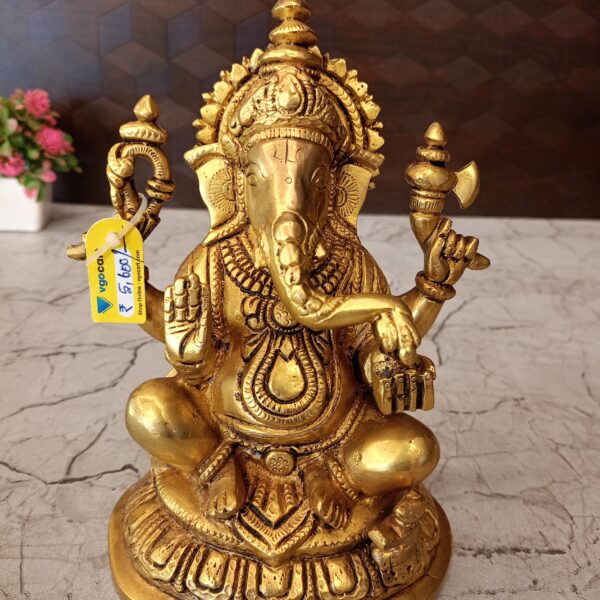 Brass Ganesha Statue Sitting On Round Base 8"
