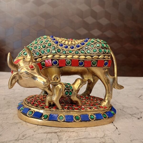 Brass Stone Cow And Calf For Pooja